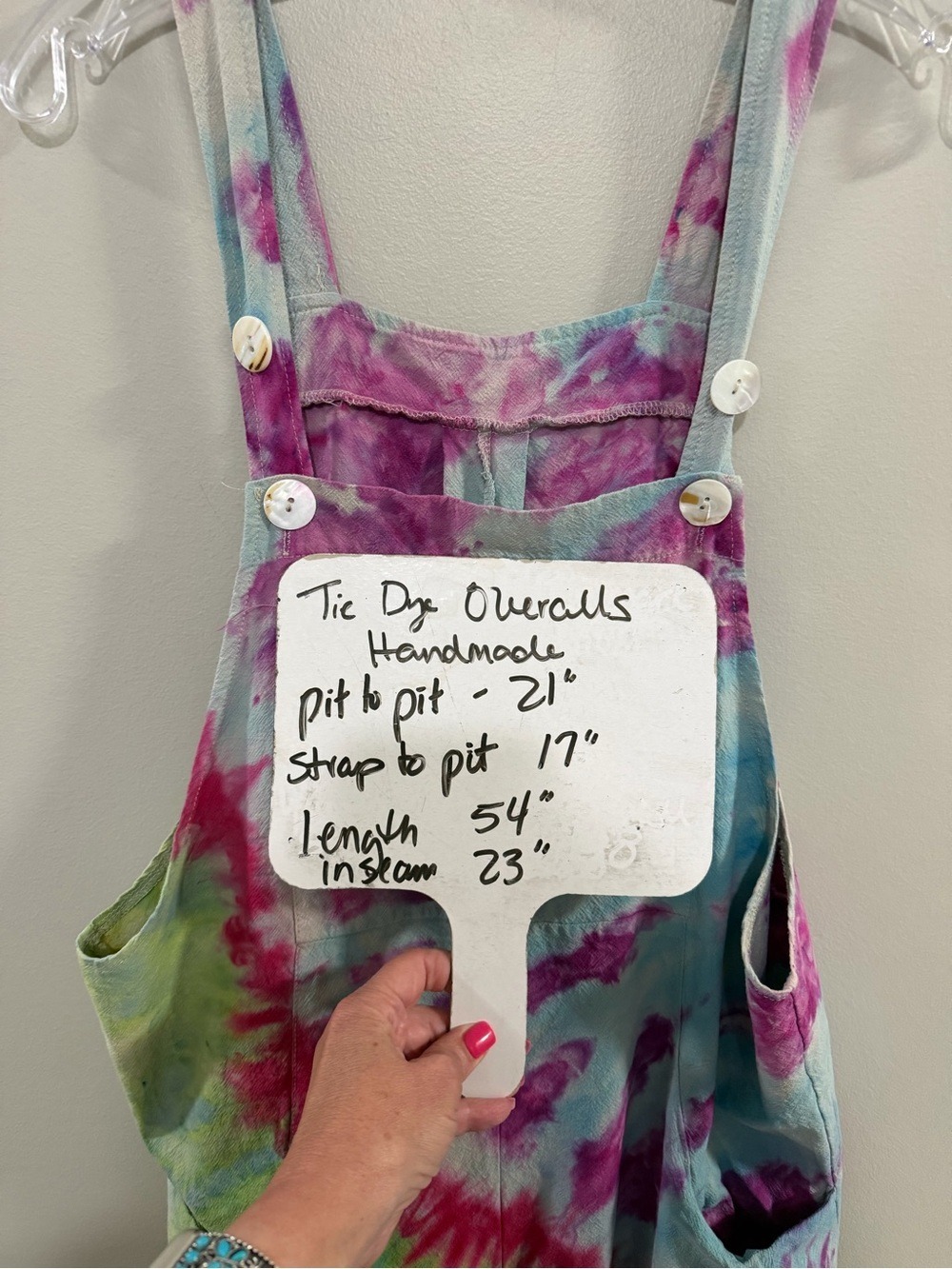 Handmade Hand-dyed Tie-Dye Women's Bohemian Overalls in Blue, Green & Purple - Picture 5 of 5